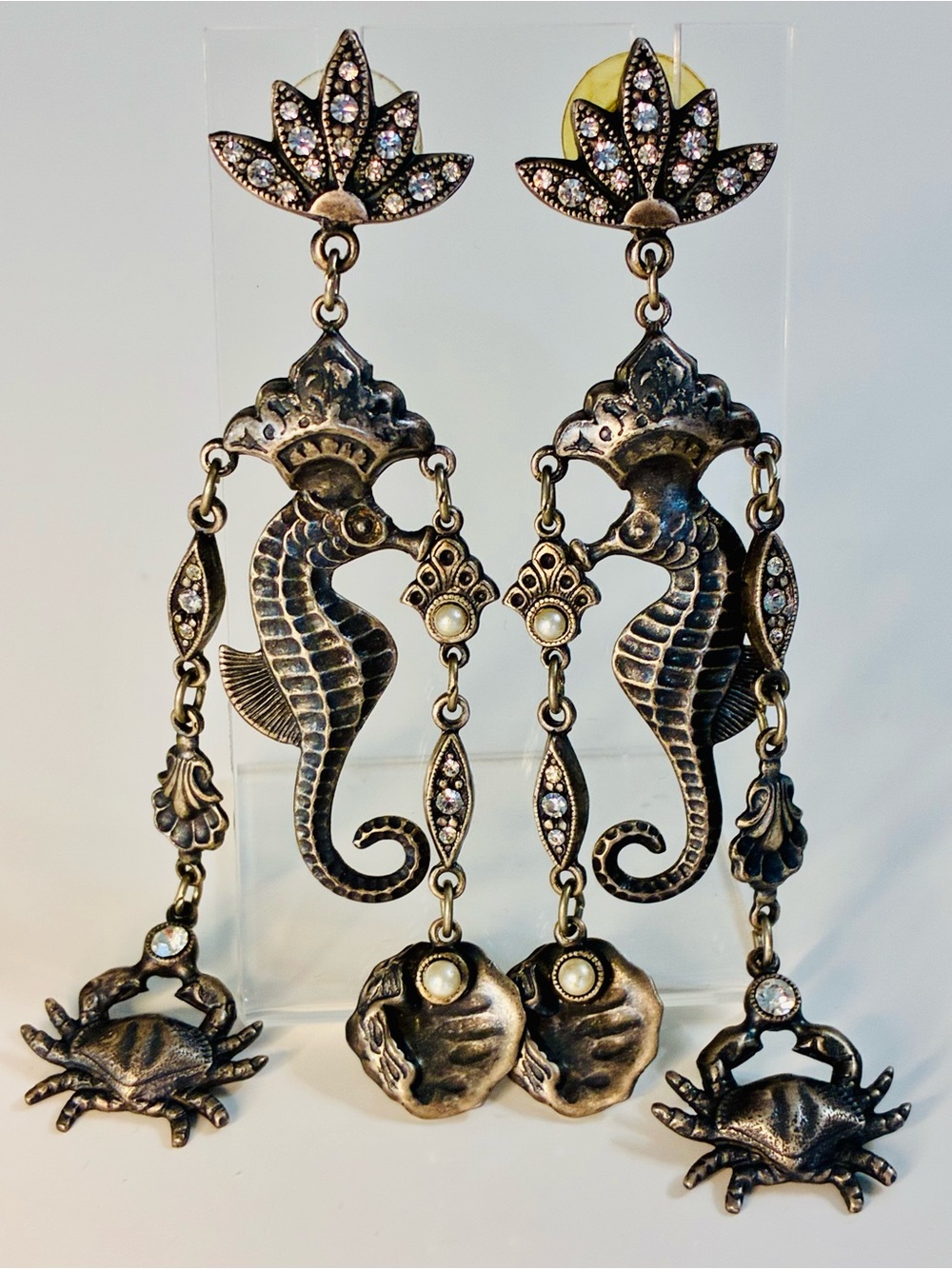 VTG Banana Bob Art Deco Style Sea Horse Dangling Chandelier Pierced Earrings EUC